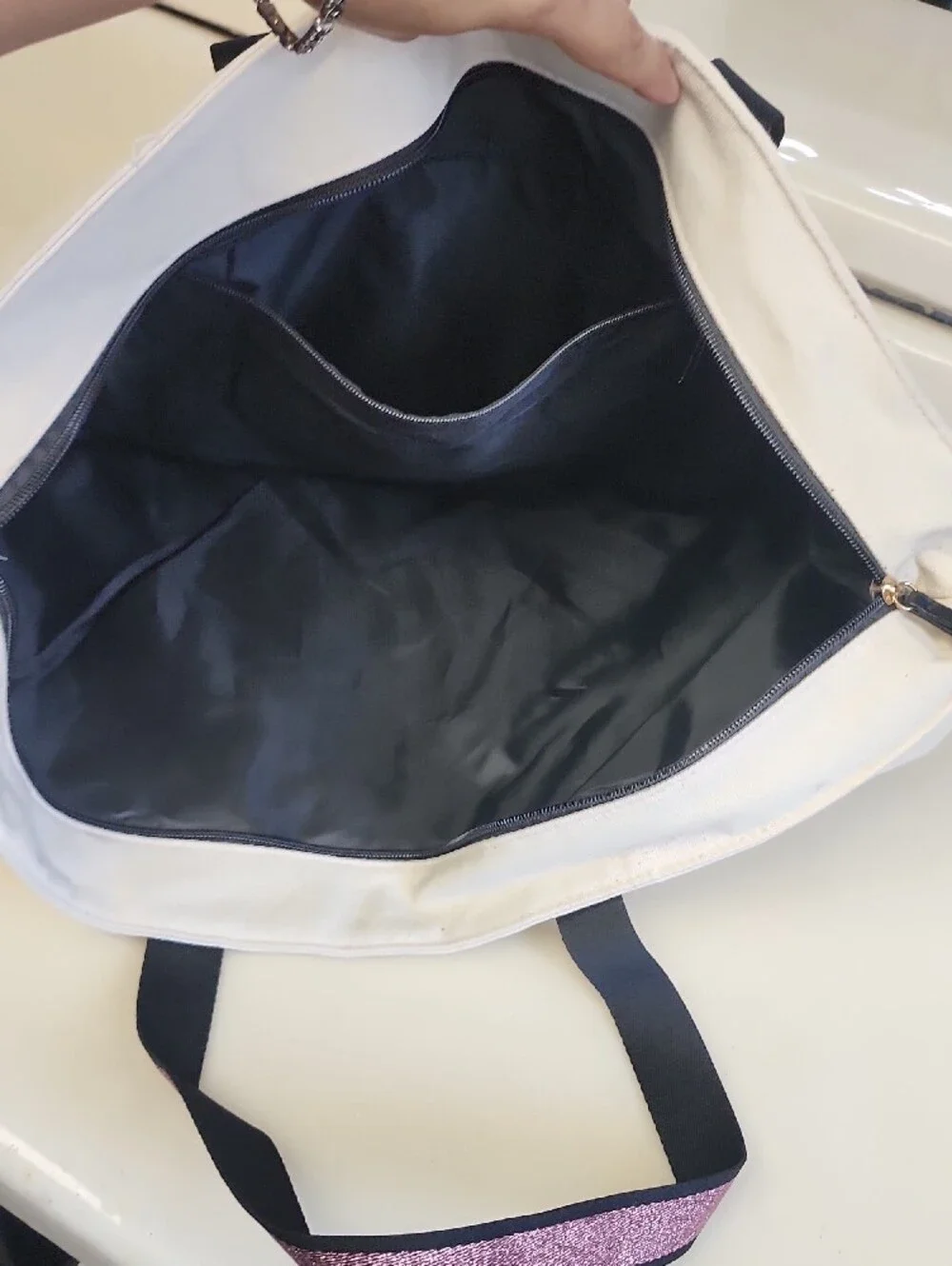 Victoria's Secret White Tote with Pink Glitter Trim